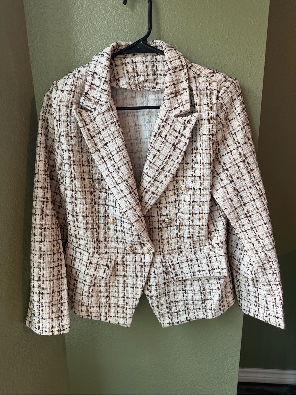 Classic Tweed Women's Blazer Jacket in Cream and Brown. SHEIN Size Large